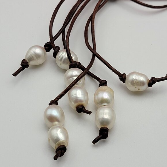 Bohemian White Baroque Pearl Brown Leather Cord Tassel Toggle Necklace 38" - Picture 2 of 9